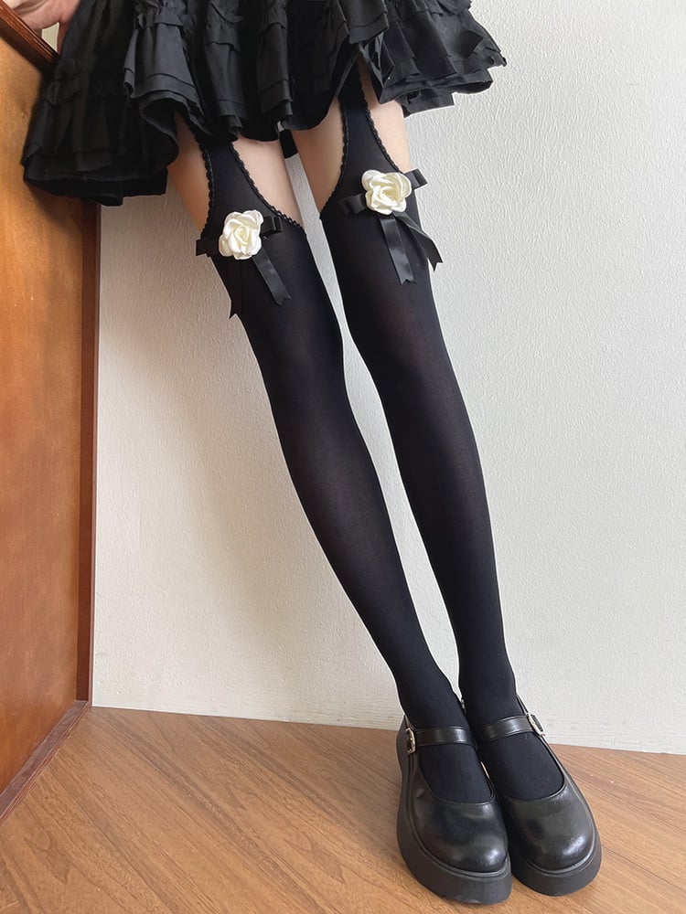 Black/White Camellia Bowknot Suspender Tights