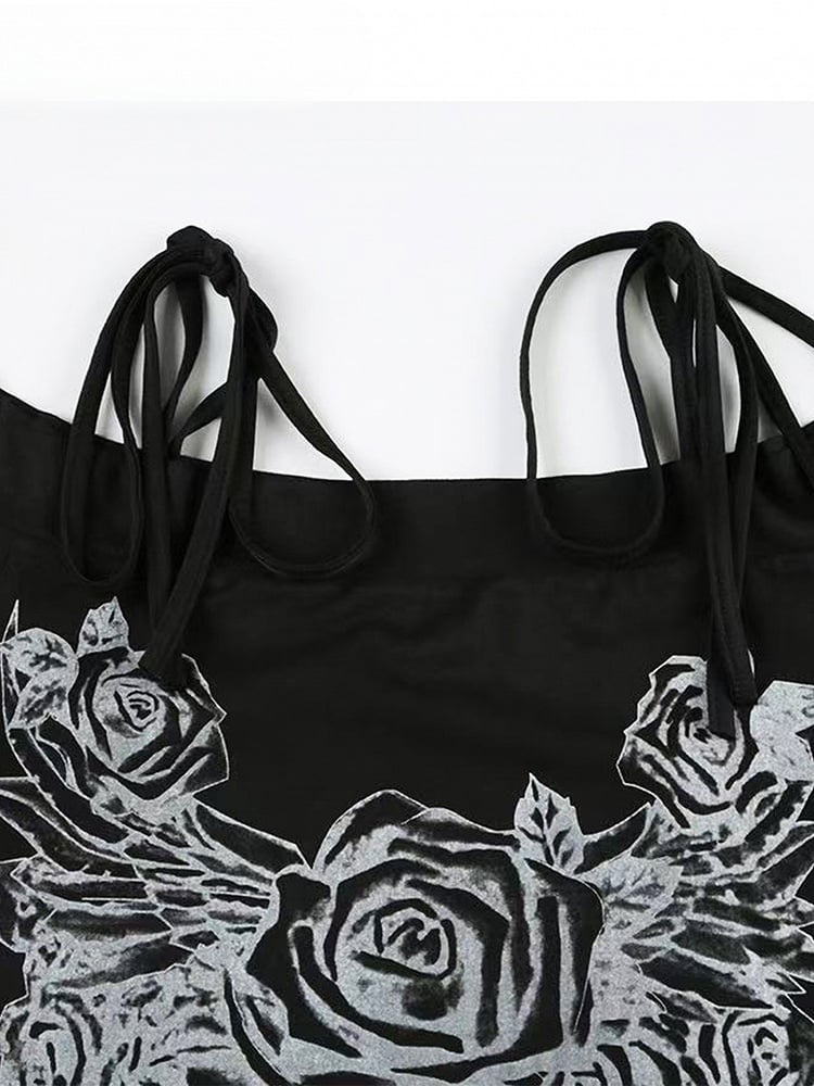 Black Y2K Rhinestone Decorated Floral Design Off-the-shoulder Neckline T-shirt