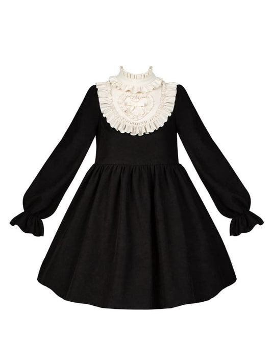 Clearance-Size S for Bust 88CM Beige Ruffle Neckline Black High Waist Long Balloon Sleeves Lolita Dress Short Version