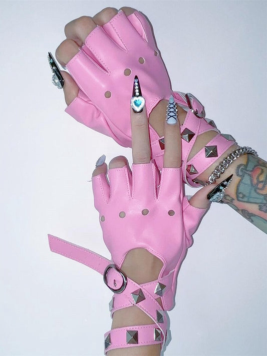 Punk Studs Crisscross Straps PU Half Finger Gloves 5 Color Options
