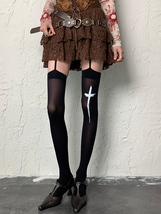 Black Y2K Cross Print Suspender Stockings