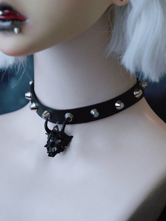 Black Gothic Demon Mask Pendant Studs Design Buckle Choker