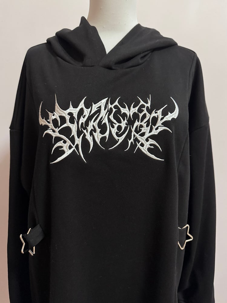 Black Jirai Kei Embroidery Decorated Buckle Details Hoodie