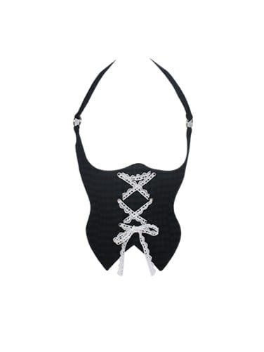Black Plaid Lace-Up Halter Corset Top