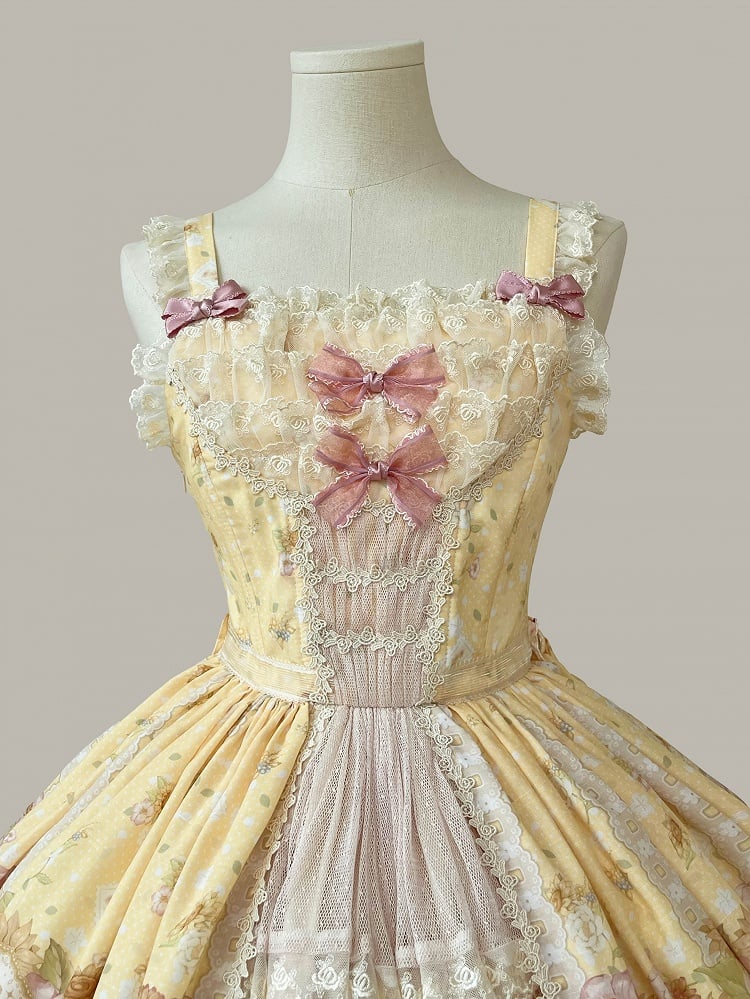 Clearance-Size XL for Bust 96-106CM Farm Ducks and Sunflowers Print Yellow Sweet Lolita Jumper Skirt