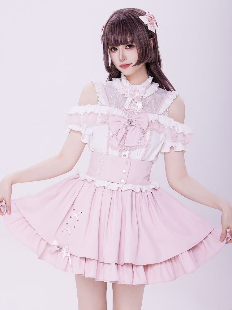 Sweet Pink Jirai Kei High Waist Layered Skirt Smocked Elastic and Self-tie Bow Back