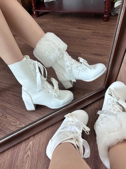 White Sweet Lolita Mid-Calf Boots - Detachable Bow Accents & Lace Fastening