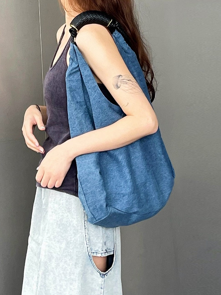 Blue Denim Large Capacity Tote Shoulder Bag With Adjustable Braided Strap