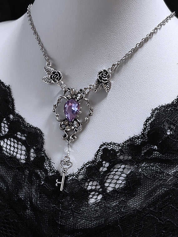 Purple Rhinestone and Key Pendant Gothic Silver Rosettes Necklace
