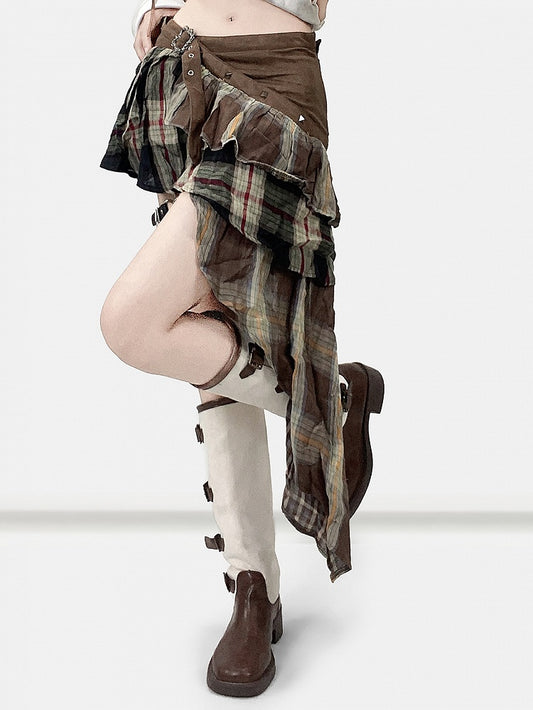 Coffee Brown Millard Fashion Plaid Pattern Asymmetrical Hem Skirt