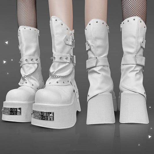Punk Silver-tone Studs White Goth Platform Boots