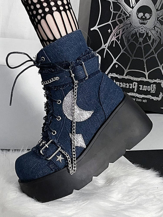 Blue Moon Applique Buckle Ankle Strap Platform Boots