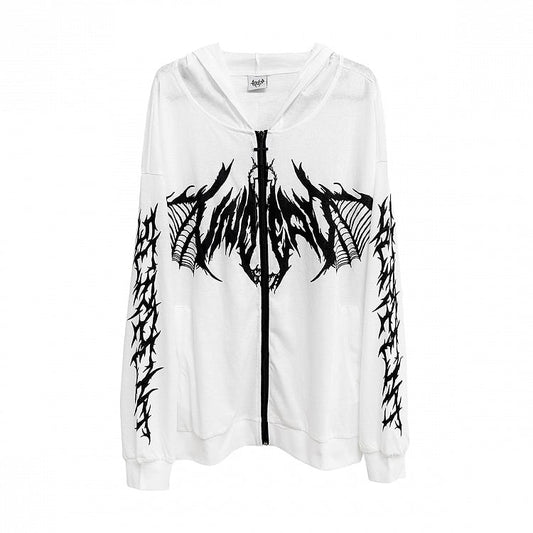 Black Wing Print White Zip-up Hooded Jacket for Spring and Summer