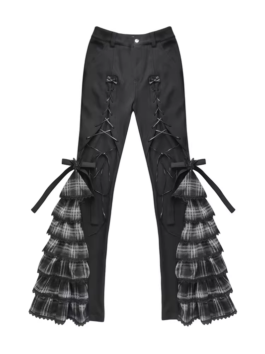 Black Lace-up Front Tiered Plaid Cuffs Slim-fitting Pants
