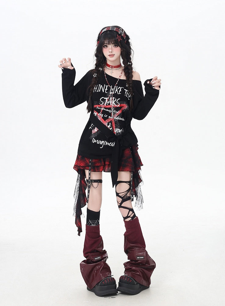 Black Asymmetrical Neckline Star Graffiti Print Loose Top