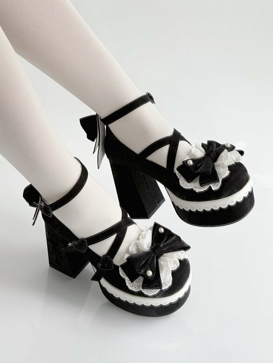 Black Lolita Lace Bowknot Buckle Straps Fork Embroidery Platform Block High Heels