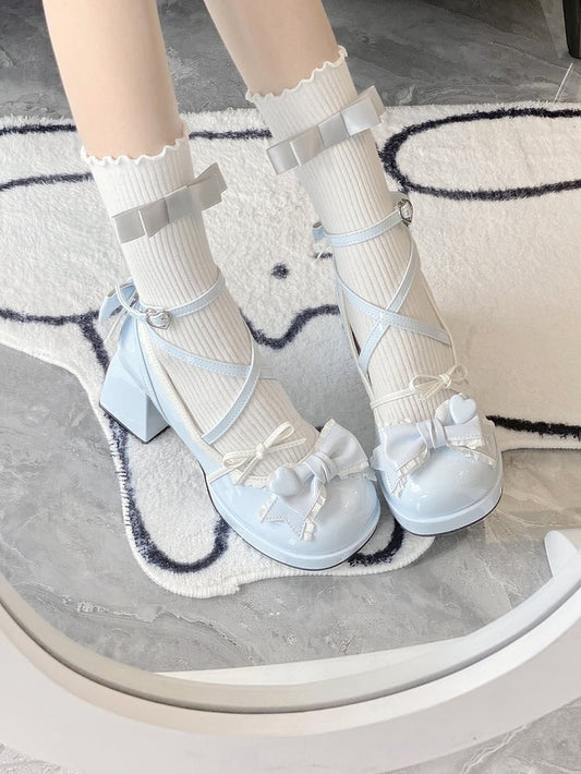 7CM Light Blue Bow at Top Crisscross Design Sweet Lolita Platform High Block Heels