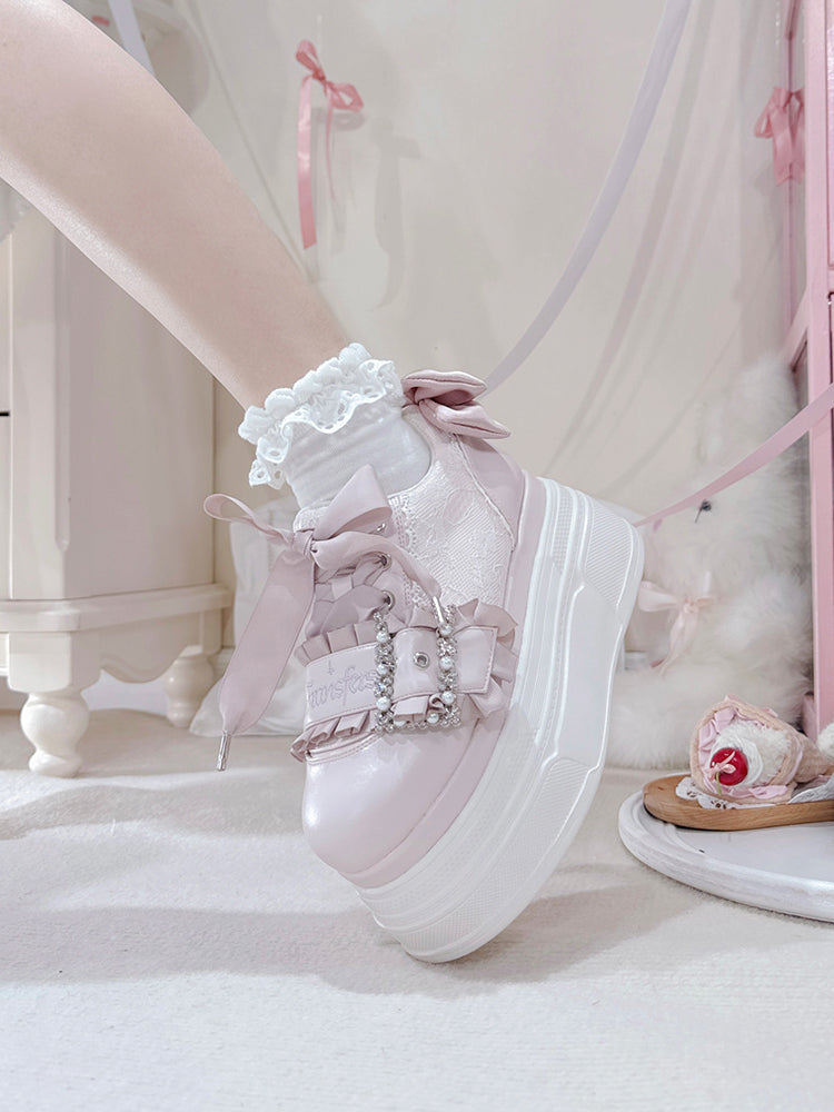 Pink Bow Accents Beaded Buckle Design Jirai Kei Platforms Shoes