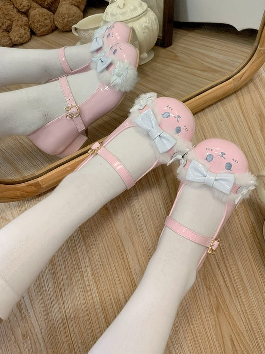 Pink&Blue Bowknot Details Plush Bunny Ear Sweet Lolita Round Toe Shoes With Bunny Buckle Strap