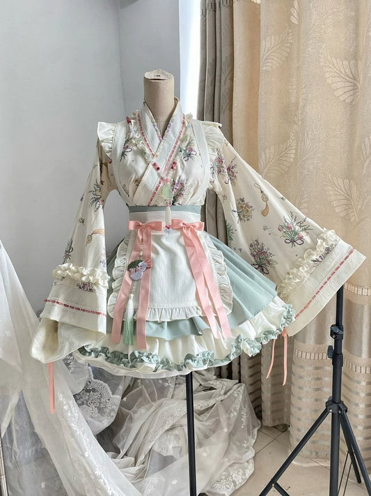 Light Green Herbal Medicine Crossover Neckline Top + Skirt Han Lolita Set