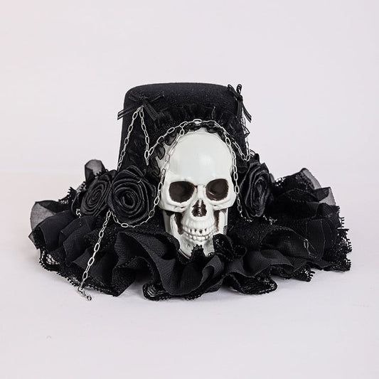 Black Floral Design Gothic Halloween Skeleton Mini Hat with Chains