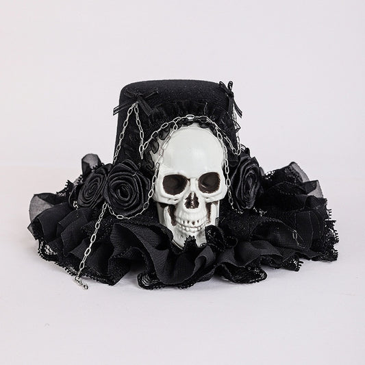 Black Floral Design Gothic Halloween Skeleton Mini Hat with Chains