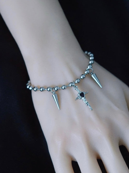 Silver&Black Gothic Cross And Studs Charm Bracelet