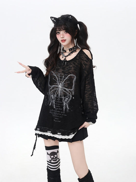 Butterfly Print Cutout Shoulder Lace Trim Black/Beige Knit Coverup