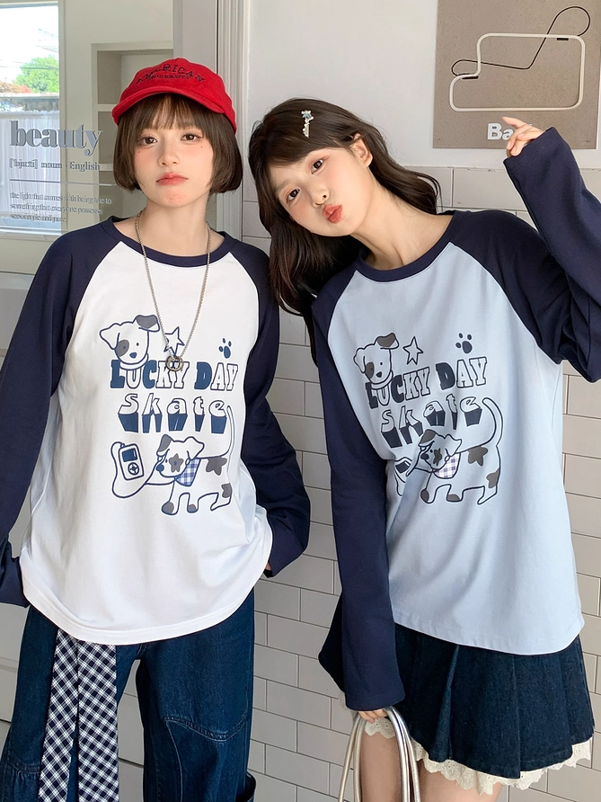 White/Blue Colorblock Design Adorable Puppy Print Loose Top