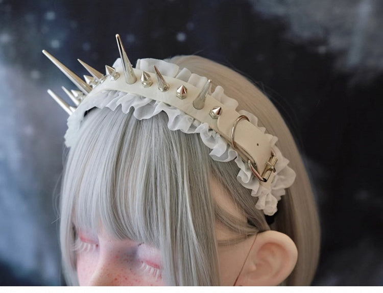 White Gothic Handmade Studs Detail PU Ruffled KC
