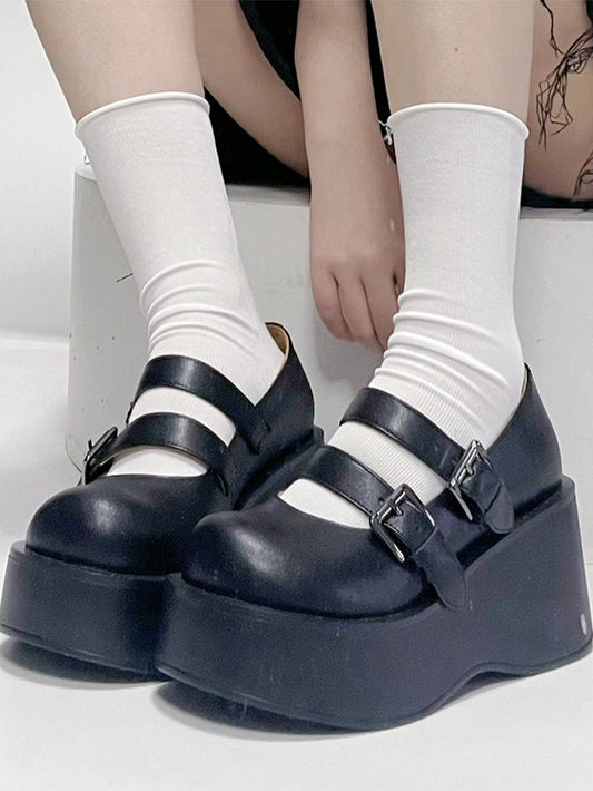 Platform Black Mary Janes in black with Two Buckle Straps