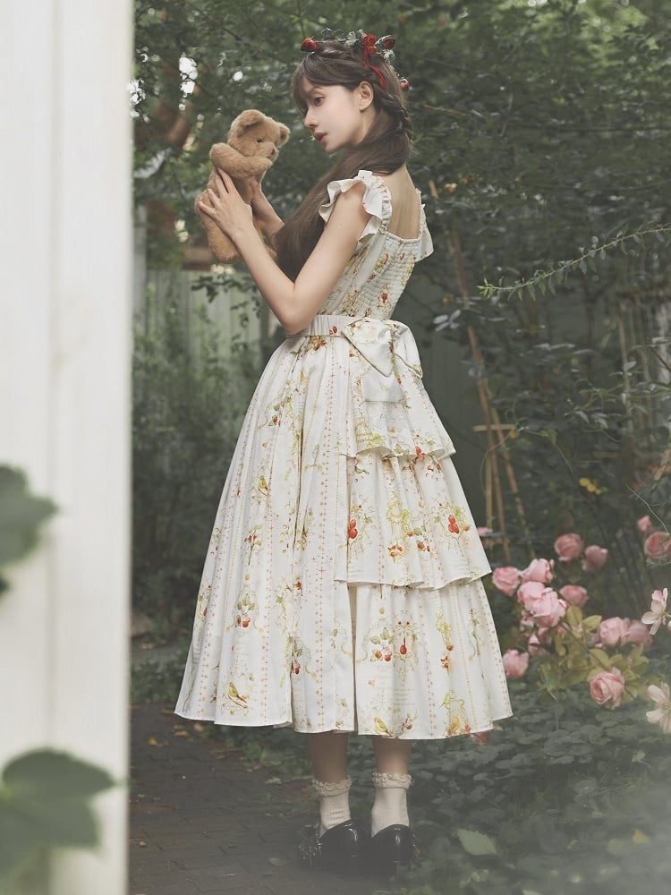 Hawthorn and Bird Print White Square Neckline Elegant Classic Lolita Dress with Waist Belt