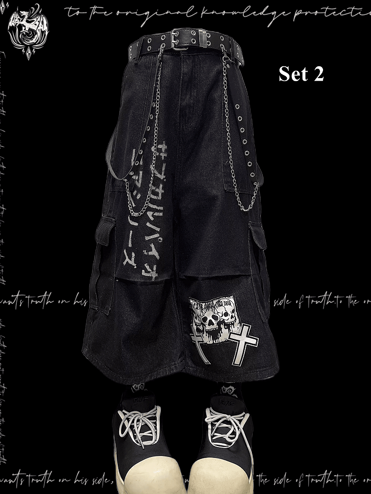 Dark Blue Skeleton and Cross Applique Punk Wide-Leg Cargo Jeans