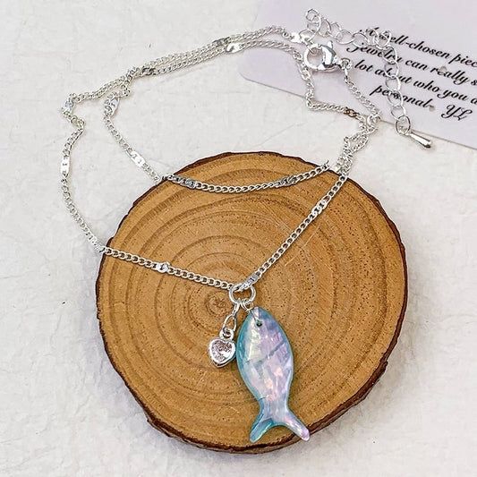 Blue/White Y2K Bittersweet Fish And Rhinestone Heart Pendant Necklace