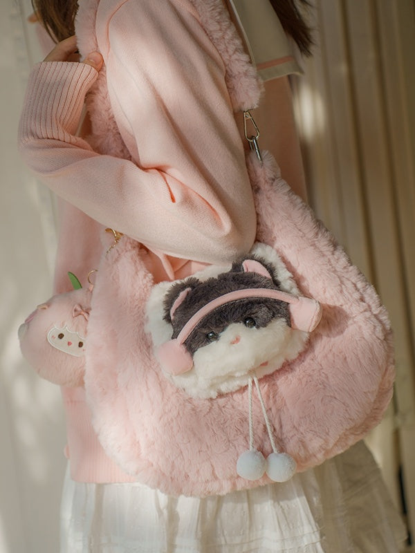 Pink Cute Kitty Plush Shoulder Bag With Pompons