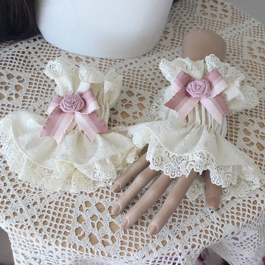 8 Color Options Floral Design Bowknot Decorated Lace Trim Wrist Cuffs