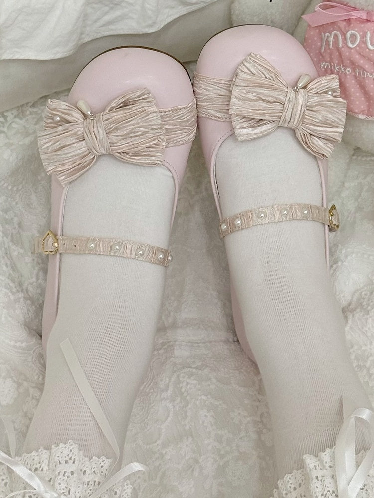 Strawberry Pink Beaded Decorated Bow at Top Heart Buckle Round Toe Lolita Shoes