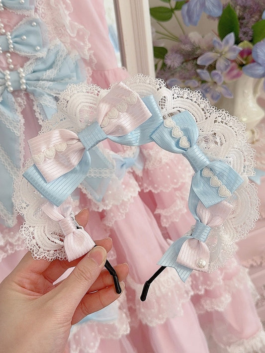 White&Blue Heart Decorated Bowknot Details Lace Trim KC