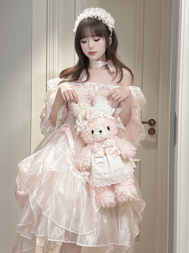Pink Sweet Lolita Plush Bunny Bag - 3-Way Carry with Detachable Bow & Dress for Bunny