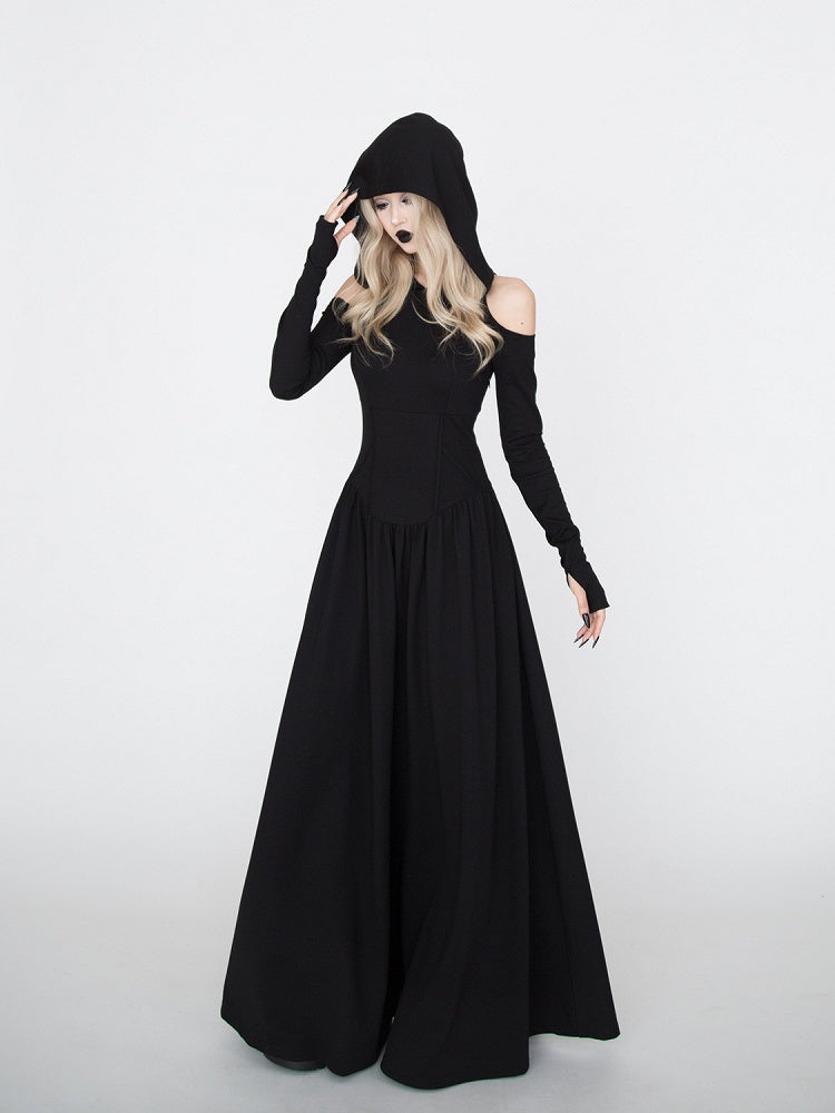 Gothic Black Cutout Shoulder Wasteland Punk Hooded Dress