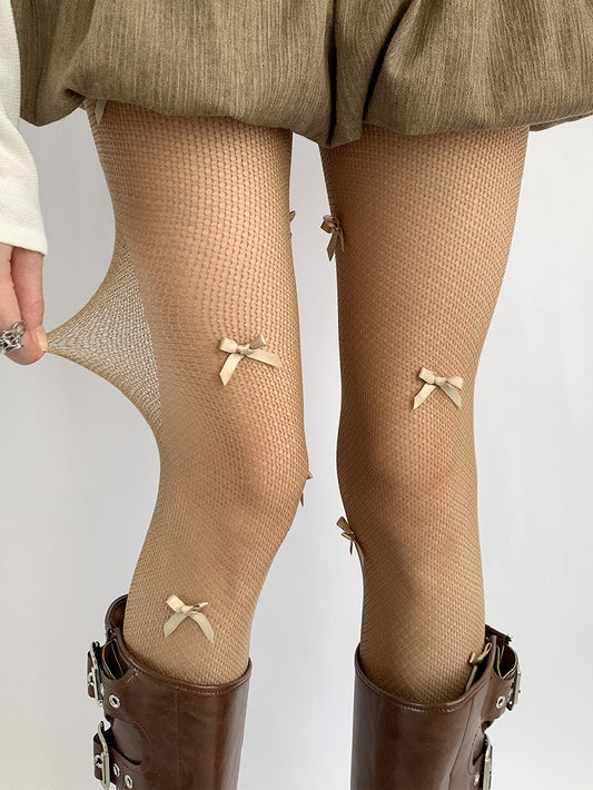 Gray/Brown/White Bowknot Details Tights