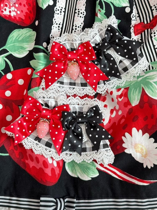 3 Color Options Strawberry Charm Polka-dot Bowknot Details Lace Trim Plaid Pattern Wrist Cuffs