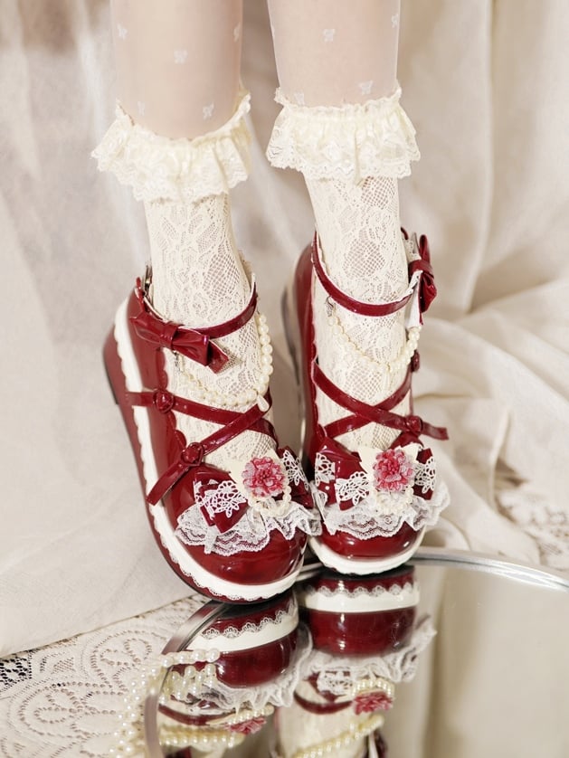 Red Floral Design Bow at Top Lace Trim Heart Buckle Platforms With Detachable Beaded Chain
