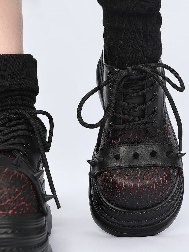 Black & Red Platform Shoes in Gothic Style - Cone Stud Detailing & Lace-up Closure