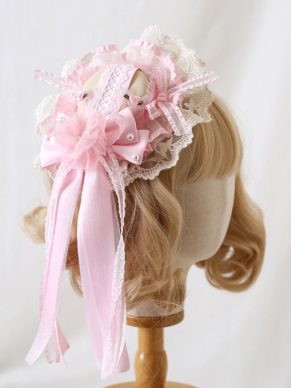 Gorgeous Lolita Light Pink & Beige Bowknot Lace-Trimmed Mini Hat