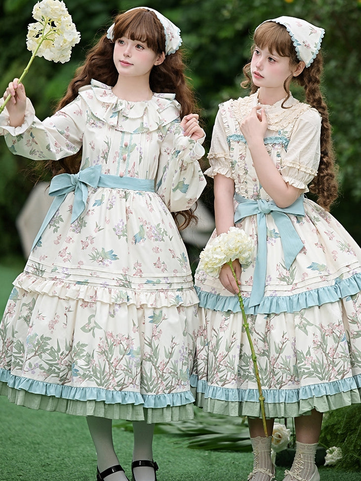 Natural Kei Floral and Bird Print Lolita Long Sleeves Dress with Waist Belt