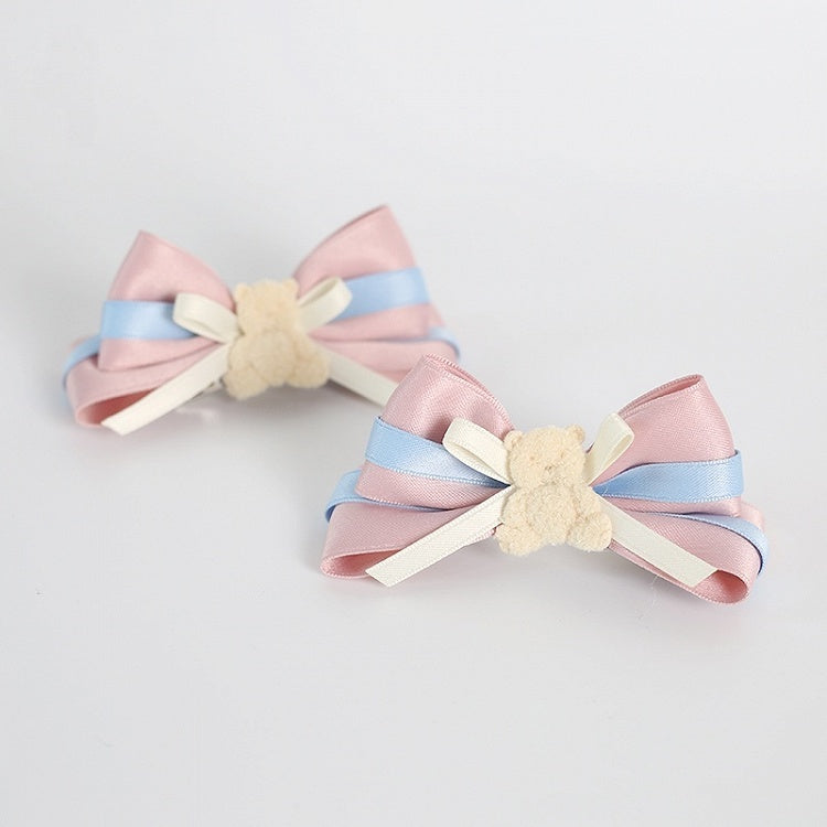 A Pair of Cute 3D Pink & Blue Bowknot Hairclips with Bear Decorations