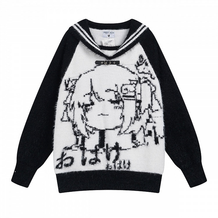 Black/Blue/Pink Sailor Collar Plush Sweater with Cartoon Girl Design - Oversized Fit