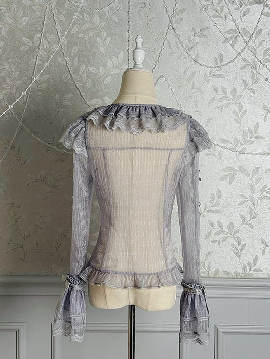 Silver Gray Semi-sheer Bowknots Long Sleeves Blouse
