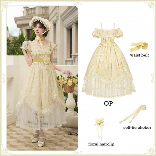 Light Yellow High Waist Mesh Panels Scalloped Edge Hem Dress Lolita OP Full Set
